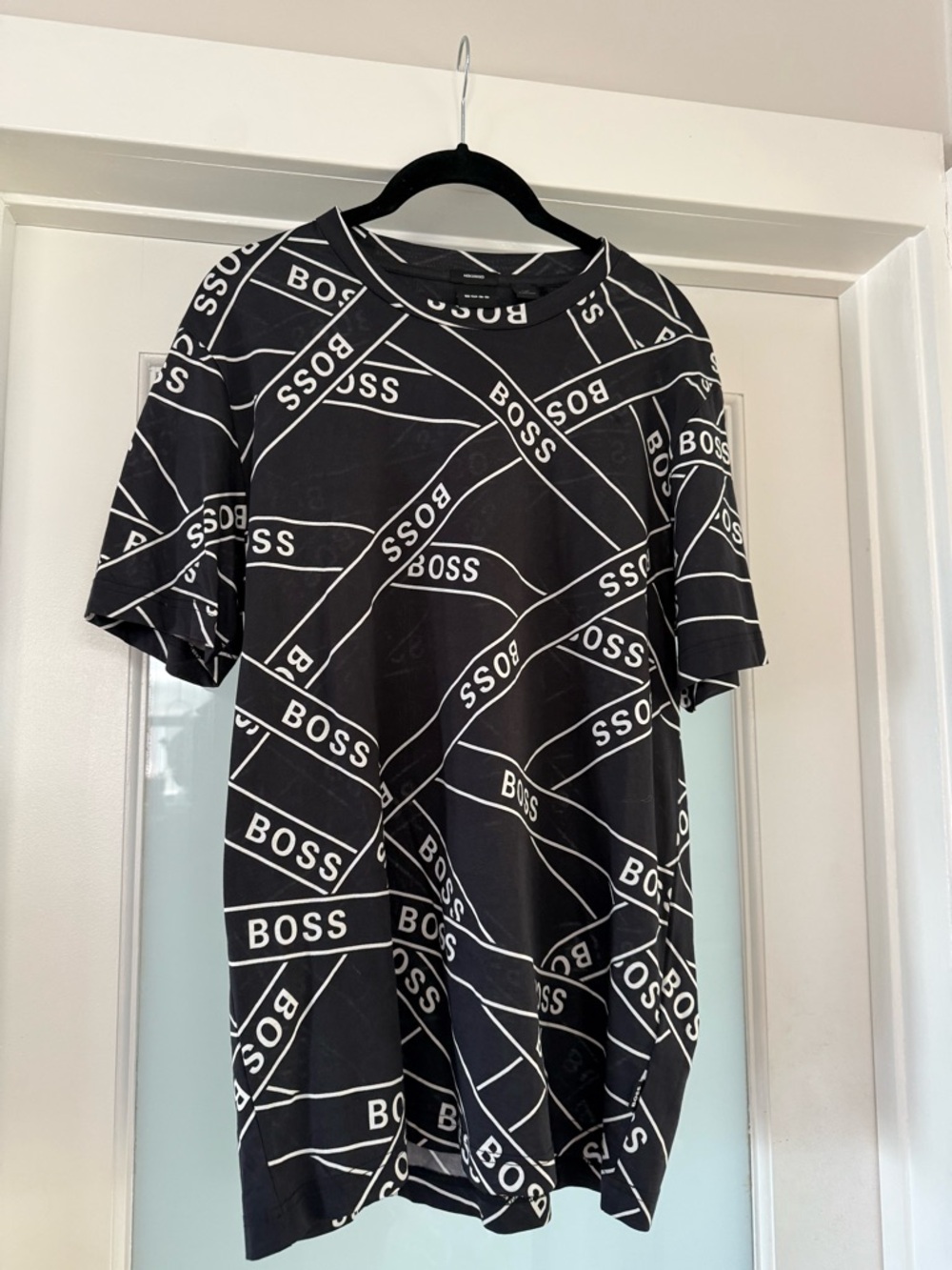 BOSS Black Top with White Logo Grid Print
